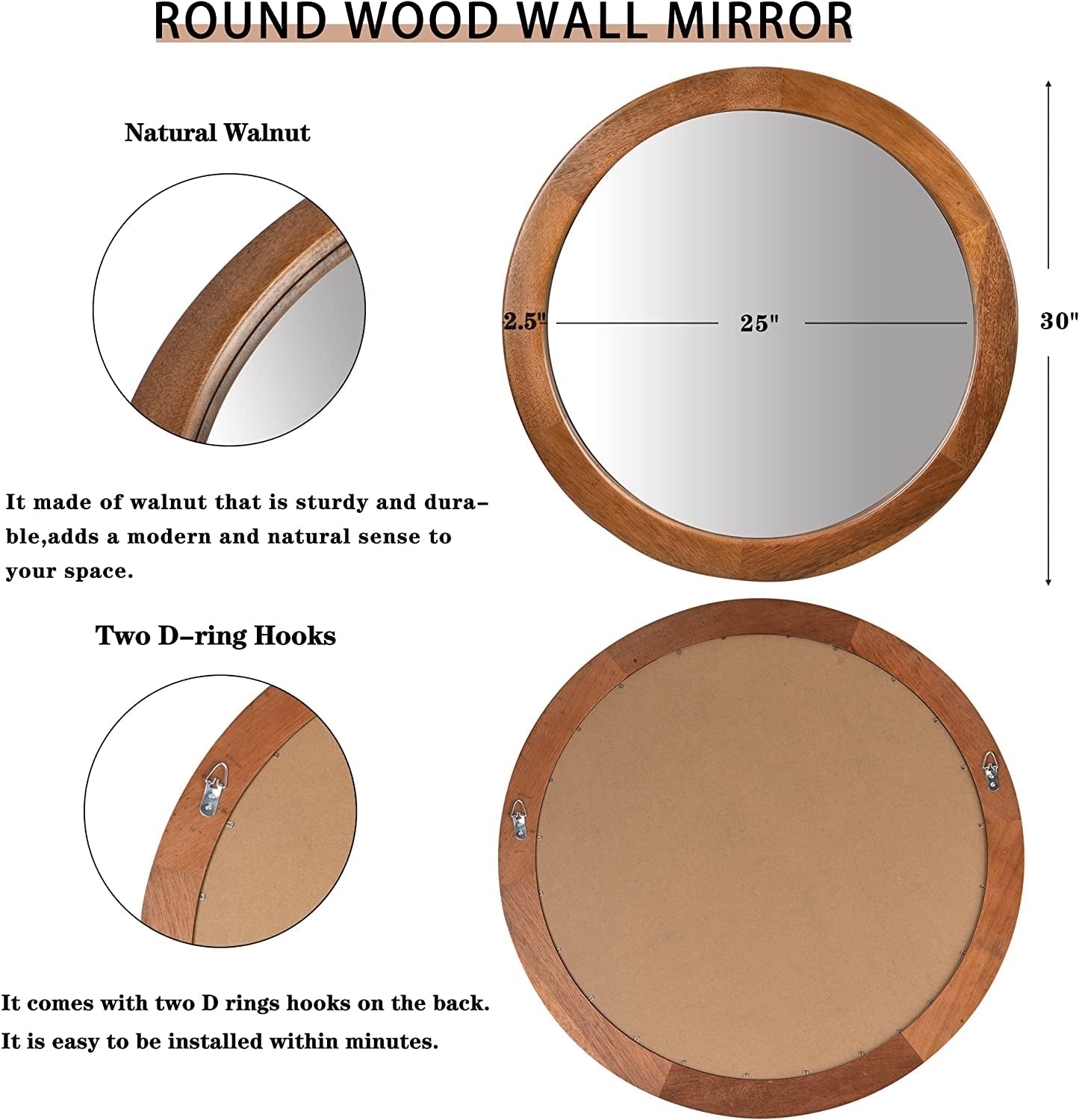 Rustic Wooden Wall Mirror, Walnut Frame - Minkowski Home