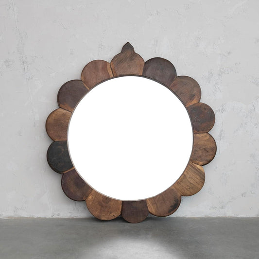 35-Inch Round Scalloped Natural Wall Mirror with Vintage Reclaimed - Minkowski Home